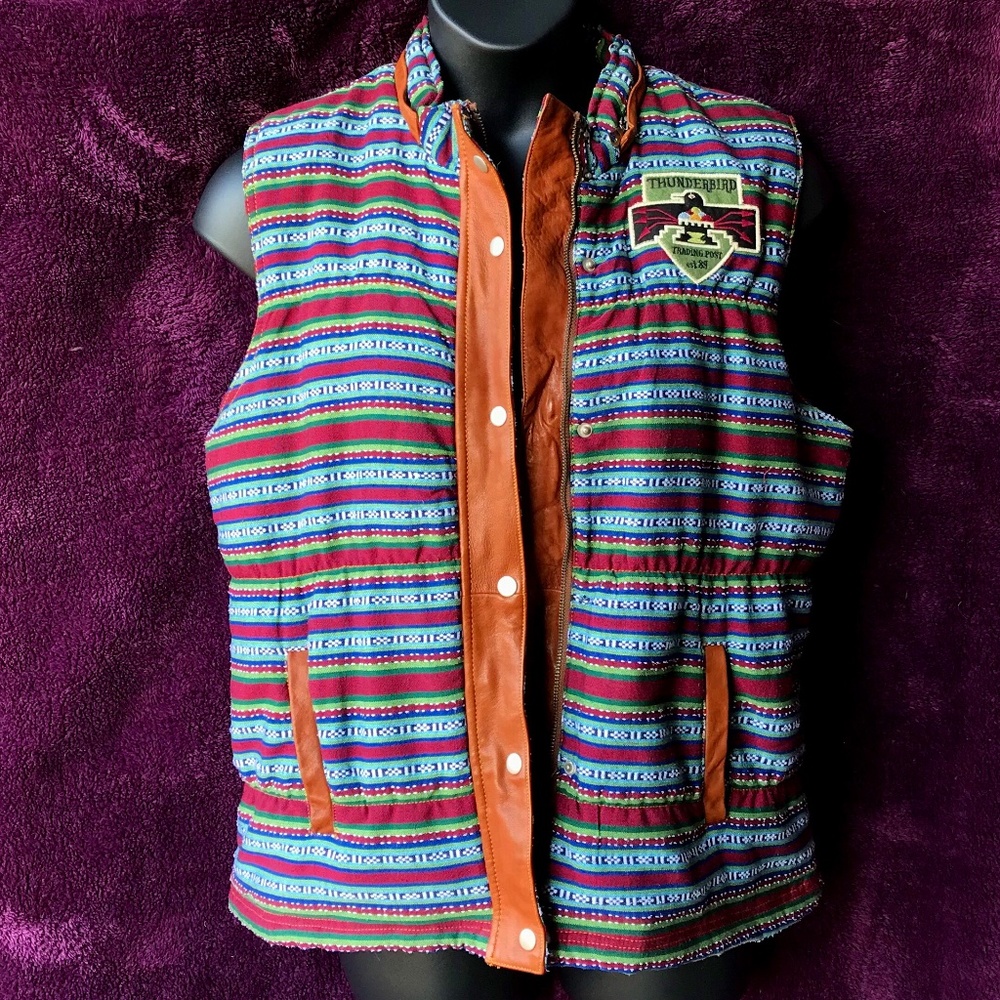 Double D Ranch vintage puffer vest, leather trim, XL